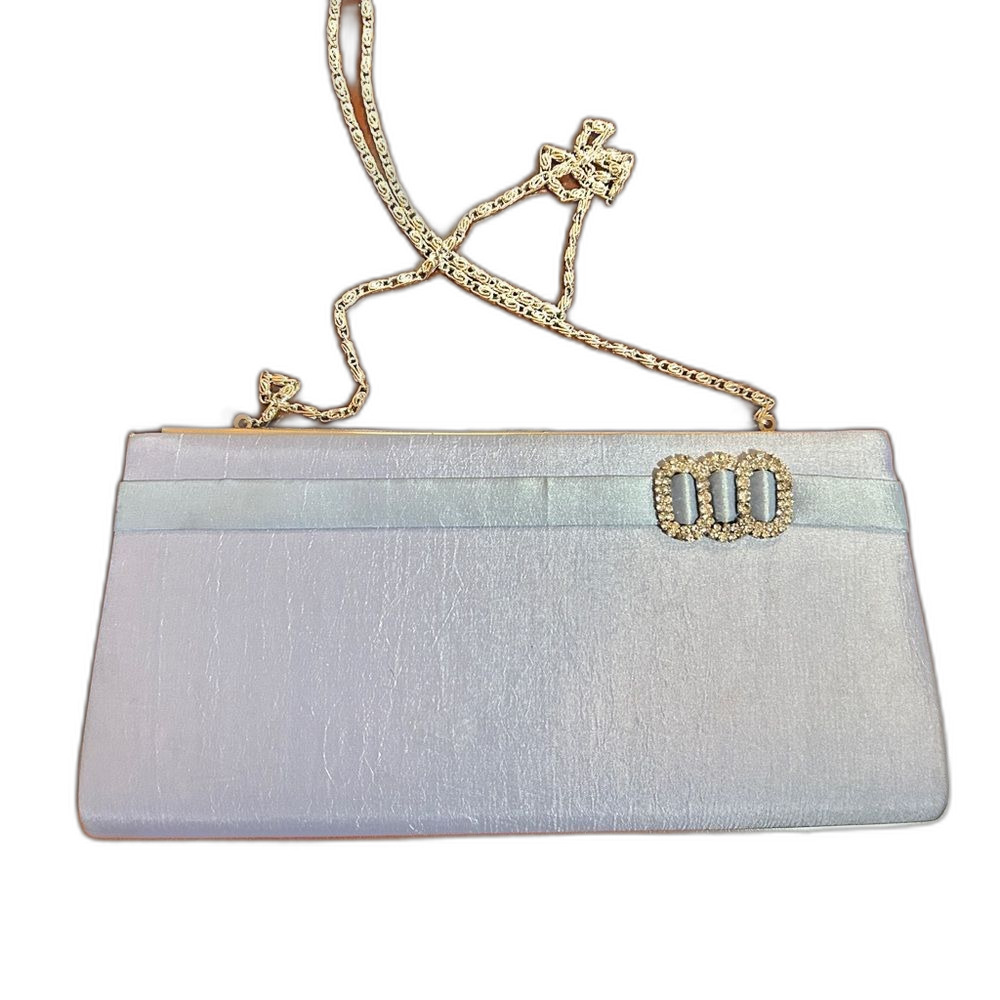 Menbur Powder Blue Evening Clutch Purse Detachable Gold Chain Strap Wedding Prom